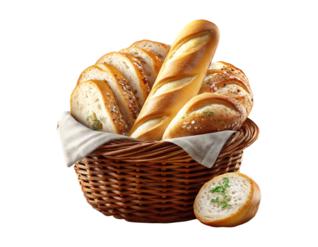 A basket of French bread, with one sliced loaf and another filled baguette, in a clipart style, isolated on a transparent background