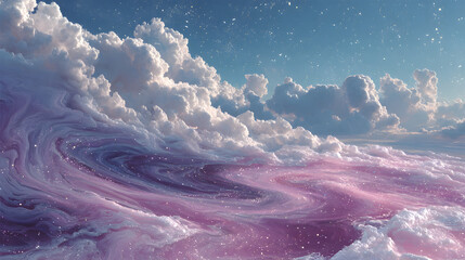 Vibrant clouds with swirling patterns under a bright blue sky.
