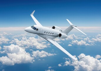 Private jet flying above the clouds in blue sky