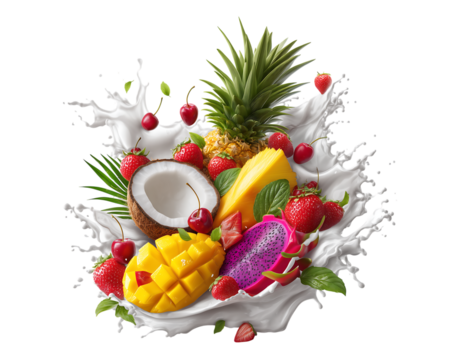 Fruit and milk splashes composition on a transparent background. perfect for the design of product packaging, logo, advertising banner, and branding concept