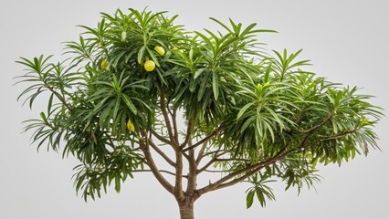 Sharp detail on green foliage and fruit of Thevetia peruviana (yellow oleander) isolated, toxic ornamental tree