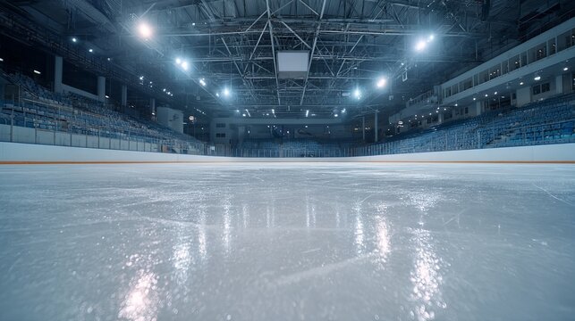 Wide angle view of an empty hockey stadium with clean white ice rink reflecting arena lights under natural ambient lighting