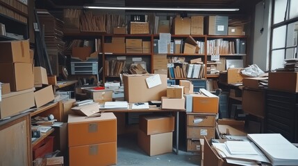Messy Office Background. Warehouse Shipping Office with Cluttered Desk and Files