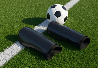 Obraz premium Black Soccer Shin Guards on a Green Field with Ball