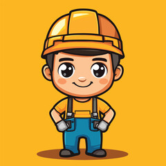Fototapeta premium Cheerful Cartoon Construction Worker in Yellow Helmet and Blue Overalls
