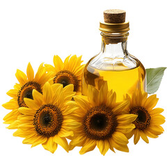 Sunflower and bottle of sunflower oil isolated on a transparent background. 