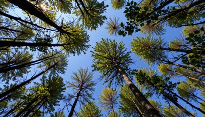 Pine tree branches against a clear blue summer sky in a green forest