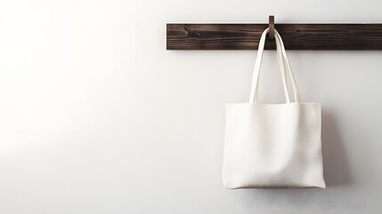 Eco friendly canvas tote bag hanging on wooden rack against white wall