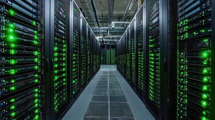 A long corridor lined with server racks showing green lights in a data center environment view