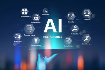 Responsible AI concept with ethical principles transparency and social impact in technology