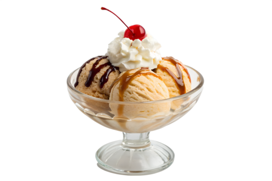 Delicious Creamy Vanilla Ice Cream Sundae with Caramel and Chocolate Sauce