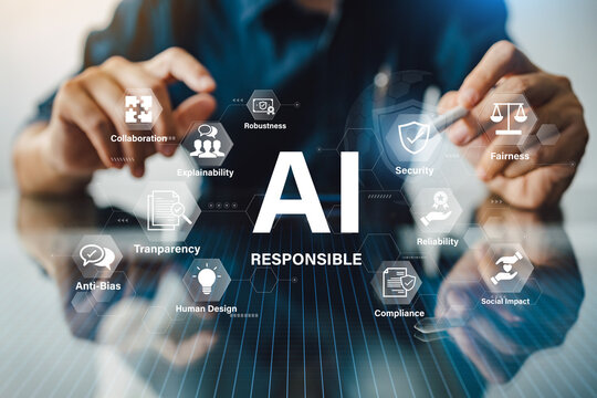 Responsible AI concept with ethical principles transparency and social impact in technology