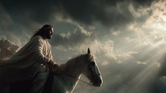 Jesus Riding a White Horse: A majestic figure riding a white horse against a dramatic, cloudy sky, evoking themes of faith, hope, and divine power. The light streams through the clouds.