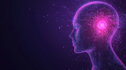 AI, futuristic head profile, glowing circuits, digital brain, network connections, technology concept.