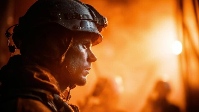 Firefighter in Action: A courageous firefighter, his face etched with determination, stands amidst the fiery glow of a burning building, embodying bravery and resilience.