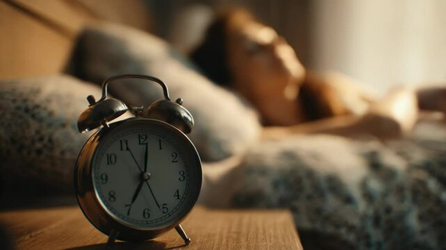 The image features an alarm clock in the foreground with a soft-focus background of a person sleeping peacefully in bed.