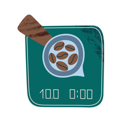 Digital coffee scale with scoop or deep spoon filled with coffee beans. Coffee brewing and measurement. Flat cartoon icon, vector illustration. Great for coffee guides, infographics, and branding