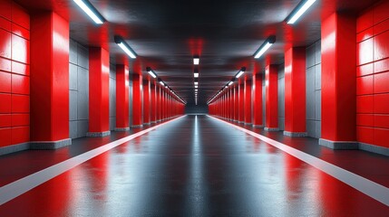 Red columns line a dark, shiny, futuristic passageway