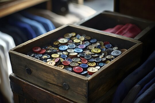Exquisite buttons and clothing in vintage wooden boxes