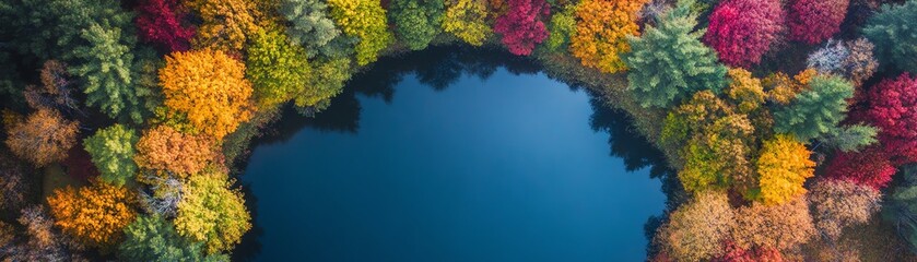 Aerial view of a serene lake surrounded by vibrant autumn foliage.