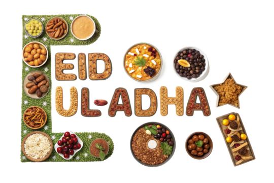 Eid ul adha text made of food with various dishes arranged around it on transparent background