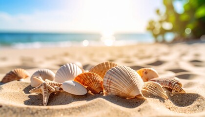 Photo of shells in the sand with a blurry beach background