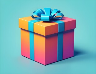 Colorful gift box with gradient orange-pink wrapping and a shiny blue ribbon on a turquoise background. Modern, vibrant 3D rendering perfect for celebrations, holidays, or promotions.
