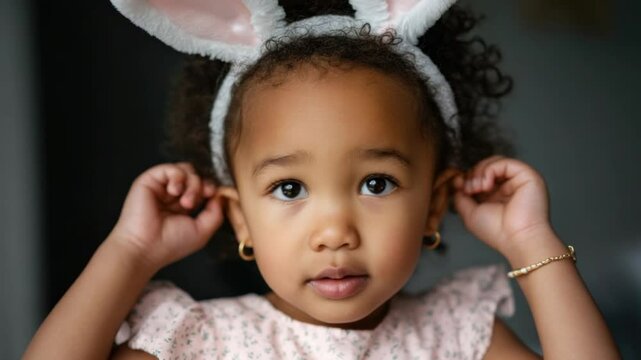 Cute Child with Bunny Ears: Captivating portrait of a charming little child adorning bunny ears, embodying Easter spirit, with an innocent expression that tugs at the heartstrings.