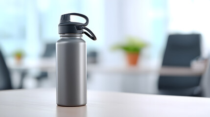 a modern metallic water bottle on a table in an office setting, showcasing a blend of functionality and sleek design