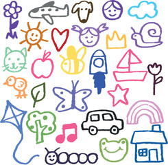 Obraz premium Set of colorful children's drawings, hand-drawn in crayon or marker. Includes elements such as animals, objects, nature, children, rainbows, and simple shapes. Ideal for educational materials, school 