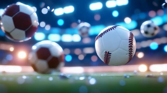 Baseball and soccer balls in mid air at a glowing stadium sports field
