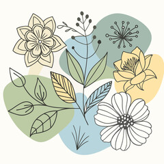 Botanical and abstract doodle vector set – Flowers, leaves, geometric shapes, and organic forms for print, clipart, wallpaper, and modern home decor wall art.