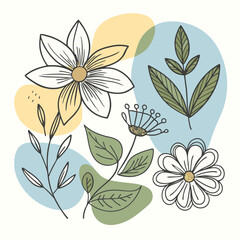 Botanical and abstract doodle vector set – Flowers, leaves, geometric shapes, and organic forms for print, clipart, wallpaper, and modern home decor wall art.