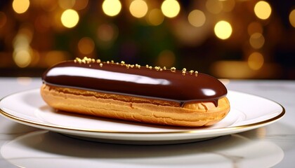 Product photo of Chocolate Eclair on a white plate with a blurred background