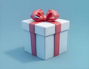 3D render of a white gift box with a glossy red ribbon and bow on a light blue background. Minimalist and elegant design, perfect for celebrations, holidays, or marketing visuals.