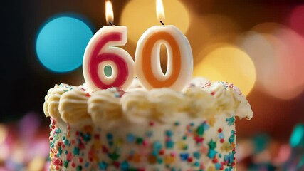 Festive layered birthday cake with white frosting and colorful sprinkles lit by number sixty candles on a glass cake stand with bokeh lights background