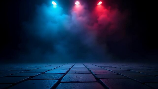 Dramatic Night Scene Background with Red and Blue Lighting Effects on a Cobblestone Street Perfect for Cinematic Projects