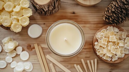 Overhead shot of candle making supplies including wax, wooden sticks and pine cone on wood surface