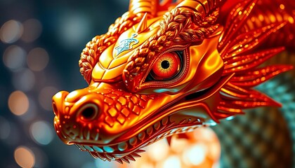 Fototapeta premium Close-up of metallic orange dragon head, piercing eyes, gleaming scales, festive glow, detail, background