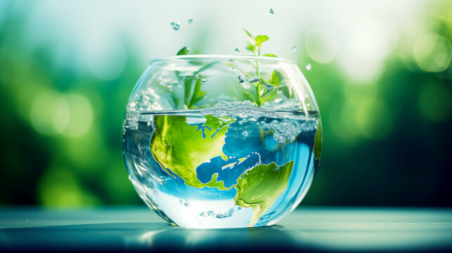 World in a Fishbowl: The globe encapsulated in a crystal-clear fishbowl, with vibrant green foliage emerging from its surface.Earth's blue-green water sphere, a global concept of nature's environment