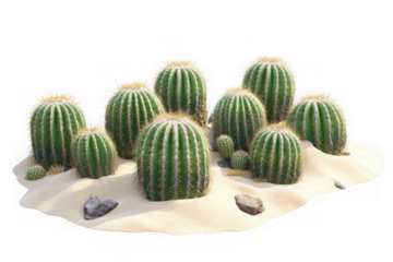Golden barrel cactus clump growing in sand, desert plant, succulent garden element, botanical illustration, detailed, isolated on transparent background