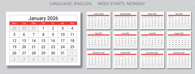 2026 calendar. Vector collection of English monthly page calendars. Design with Monday start