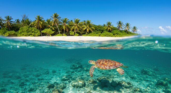 Idyllic tropical island paradise with lush green palm trees, pristine white sandy beach, and a turtle swimming in crystal clear turquoise water under a bright blue sky, perfect for a dream vacation.