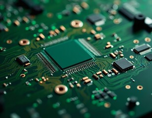 Obraz premium Green Circuit Board with Microchips Close-up Electronic Technology