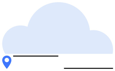 Blue cloud above black lines and a blue location marker symbolizes digital storage, data accessibility, and global reach. Ideal for technology, innovation, networking, cloud solutions, communication