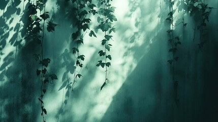 Hanging vines casting shadows on a textured wall illuminated by soft light creating a serene atmosphere