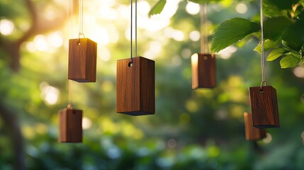 Wooden pendants hanging from tree branches in a sunlit garden creating a peaceful atmosphere outdoors