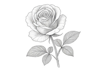 Obraz premium Detailed pencil drawing of a blooming rose with leaves and stem, isolated on a transparent background
