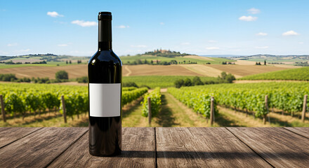 Empty wine bottle on wooden table in Tuscan vineyard