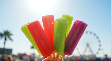 Hand holding a vibrant array of colorful fruit popsicles – red, yellow, green, and blue – fanned out against a blurred tropical beach background with palm trees and blue sky.